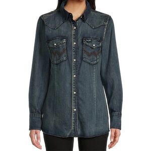 Wrangler® Denim Snap Front Long Sleeve Western Shirt